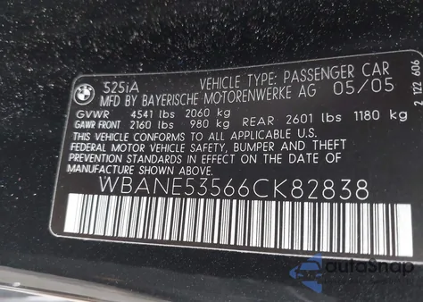 2006 BMW 525I from USA, damaged, VIN WBANE53566CK82838